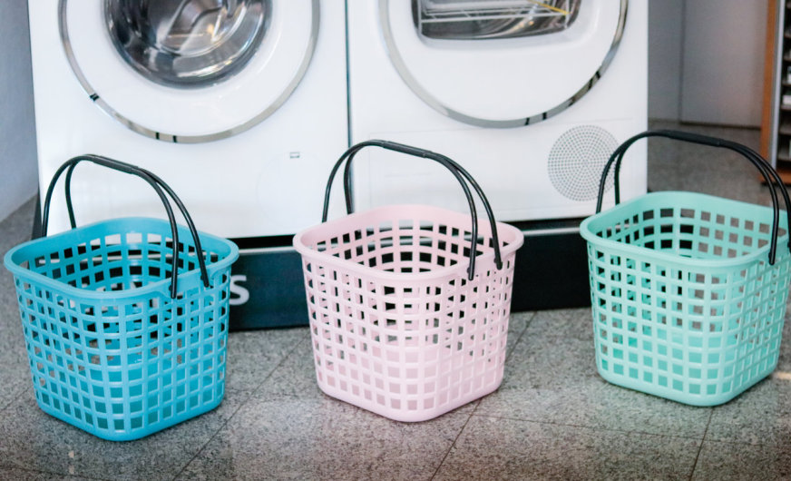 colored laundry baskets