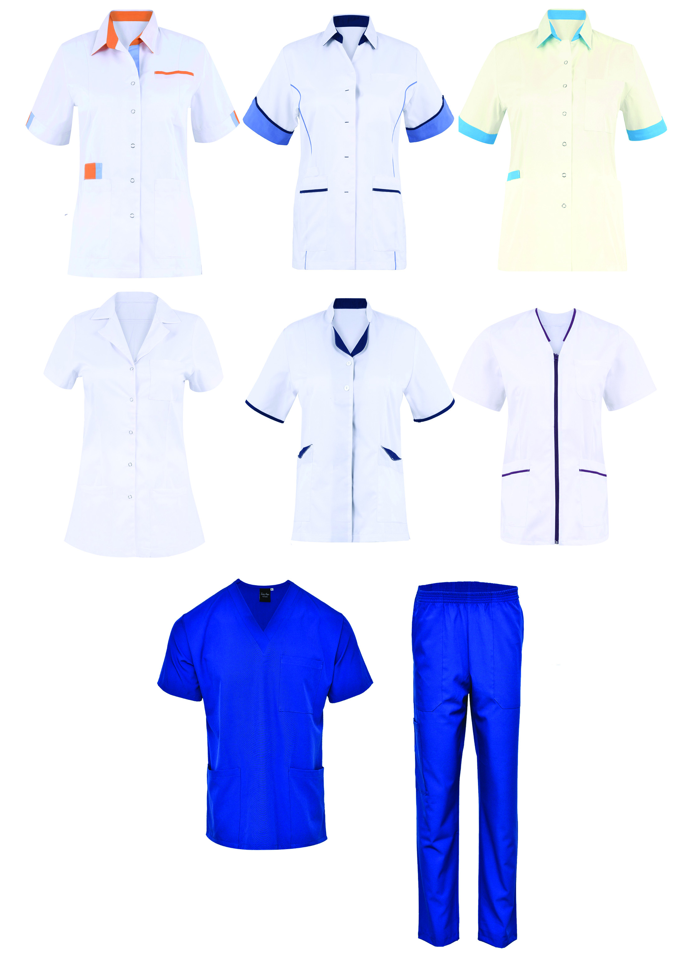 Scrub Sets, in Cotton Rich, Polyester Rich, Poly/Cotton + Lycra and 100% Polyester Fabrics. Tunics Hospital Shirts in in Cotton Rich, Polyester Rich Fabrics.