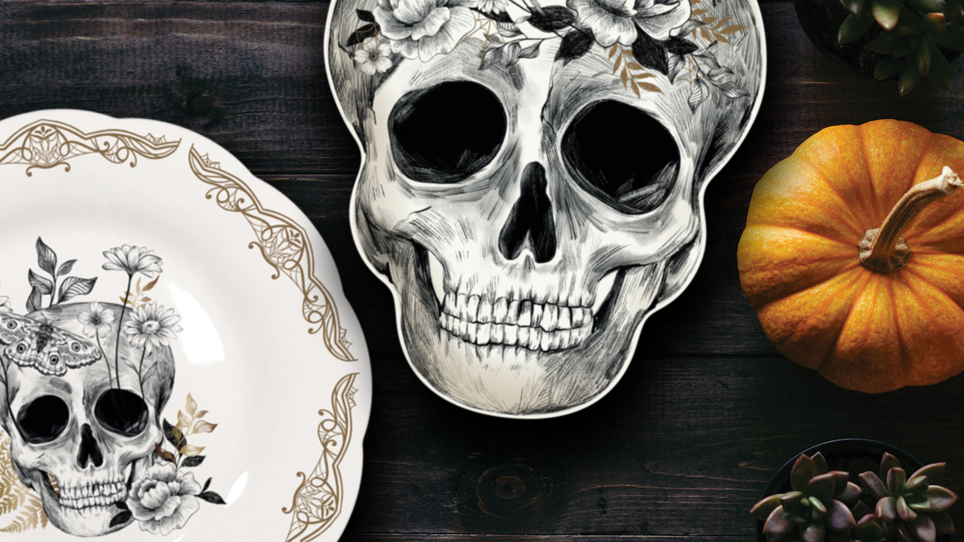 16 Piece Eaton Fine Dining Porcelain Skull & Roses Dinnerware Set