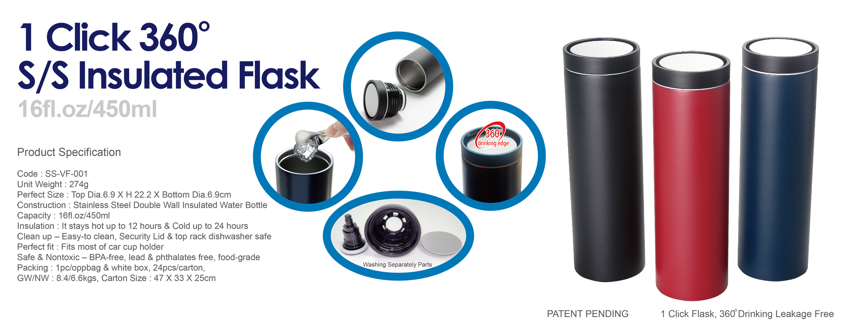 1-Click 360 Stainless Steel Vacuum Thermos Flask