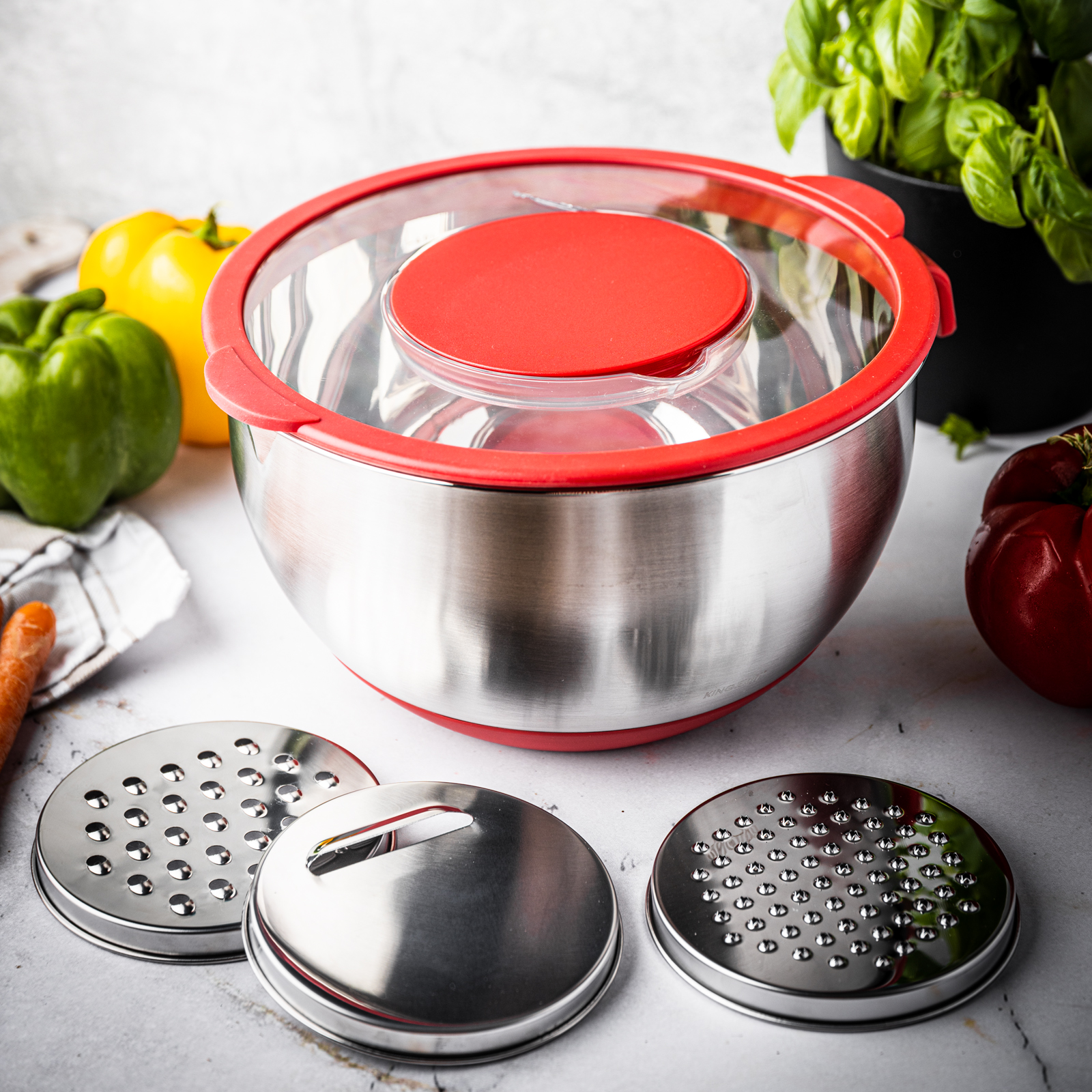 Multifunctional Stainless Steel Bowl with Lid, 5L, Red Color, KINGHoff