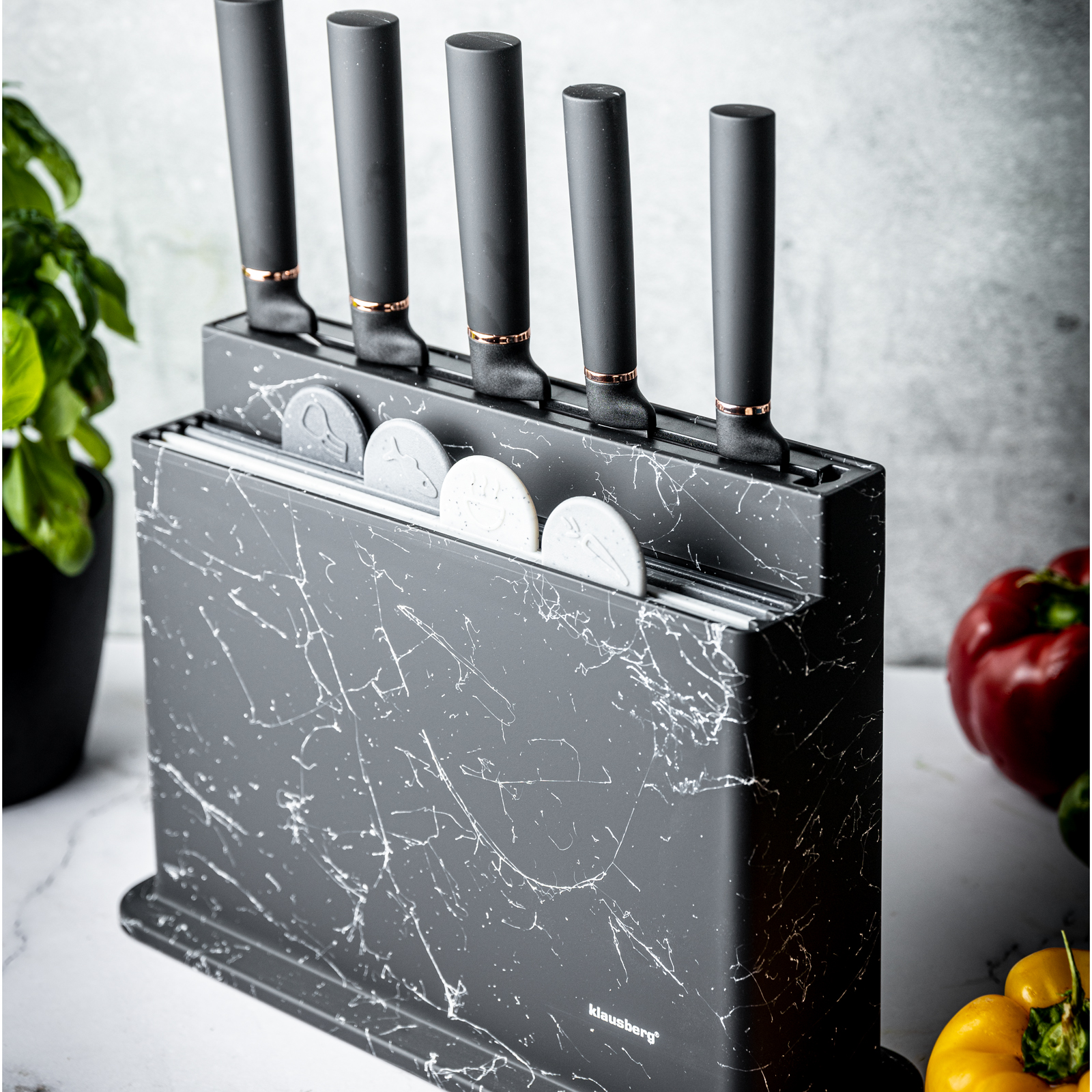 10-Piece Knife and Cutting Board Set with Marble Black and Gray Design, Klausberg 