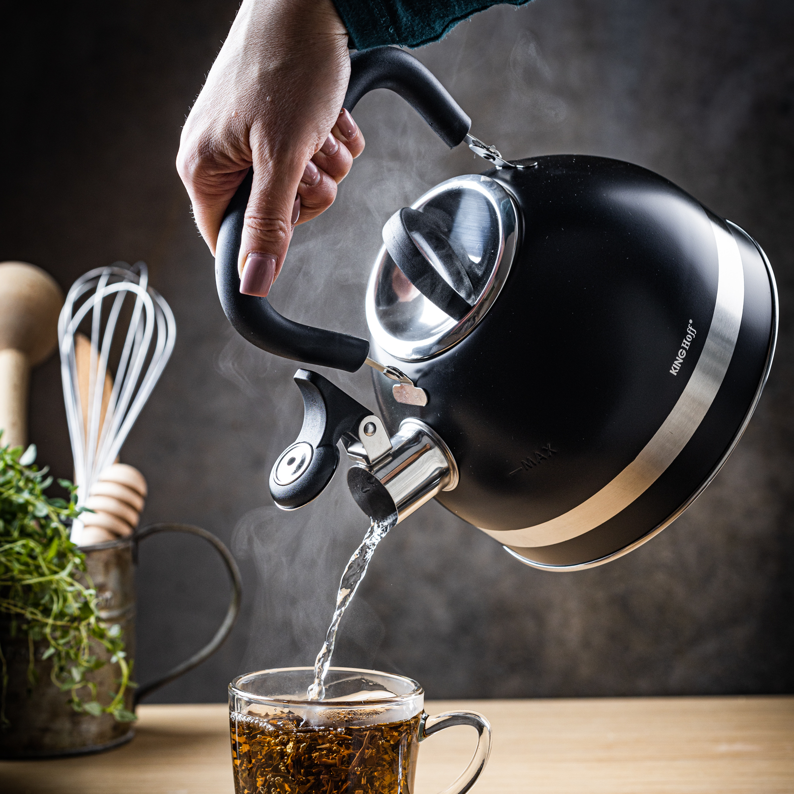 Stainless Steel Whistling Kettle - 1.8L, Black Color, KINGHoff