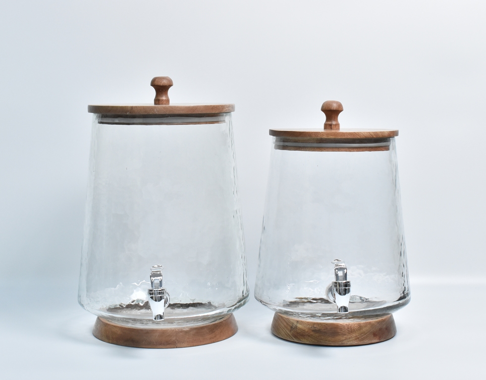 Glass dispenser with wood lid & base