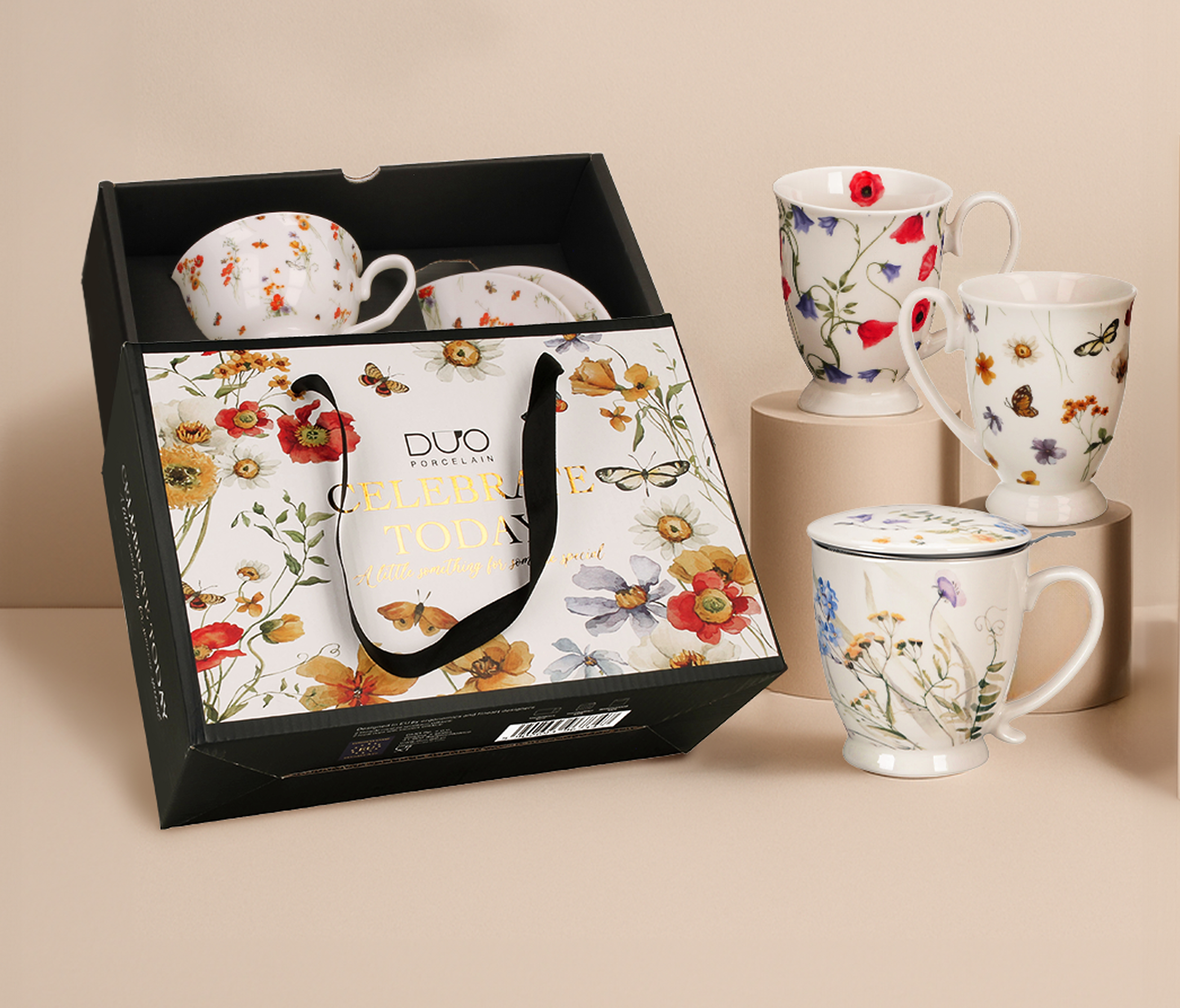 Gift porcelain products themed with floral motives.