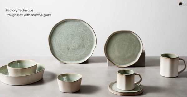 Stoneware Dinnerware Sets with Rough Clay Texture and Reactive Glaze