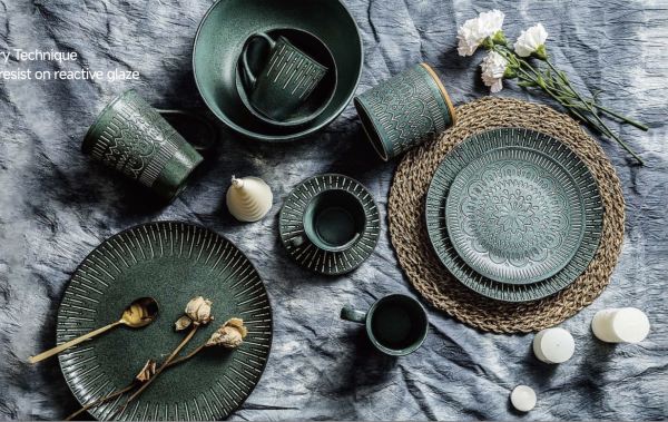 Stoneware Dinnerware Sets with Wax-Resist Reactive Glaze