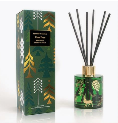 120ml Xmas Diffuser- Gold or silver pattern onto lacquered glass bottle, Closed giftbox with 8 sticks