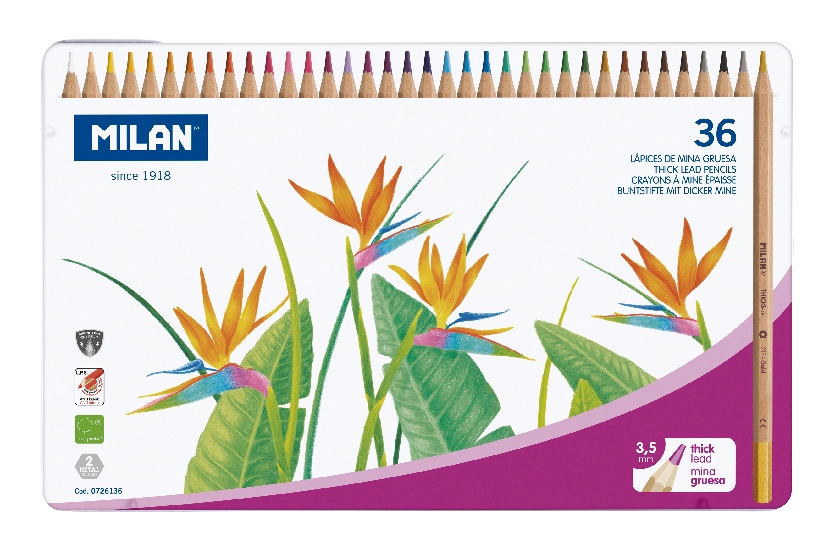 MILAN 0726136 Metal Box 36 colour pencils thick lead