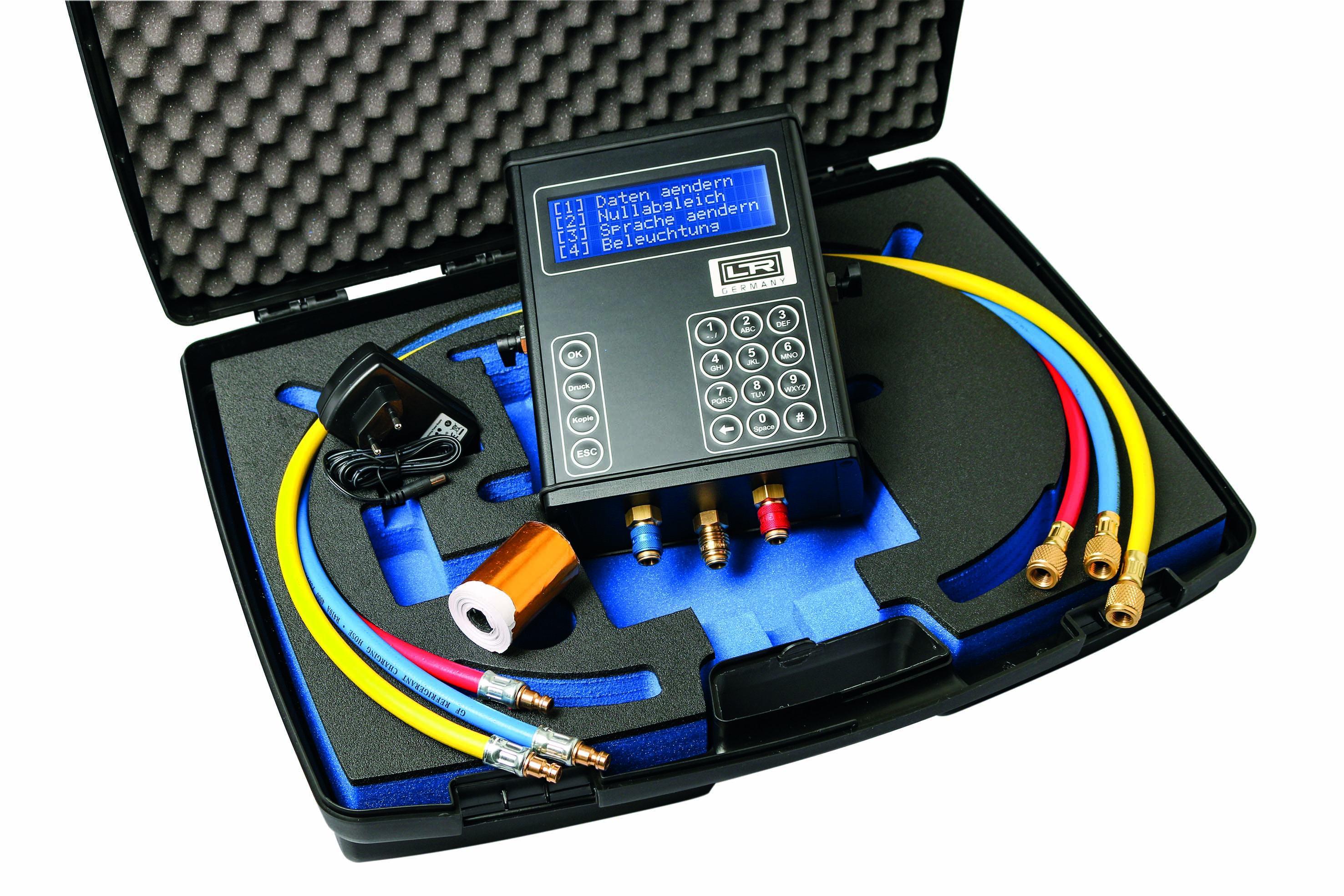 Air conditioning leak test set with integrated test report printer