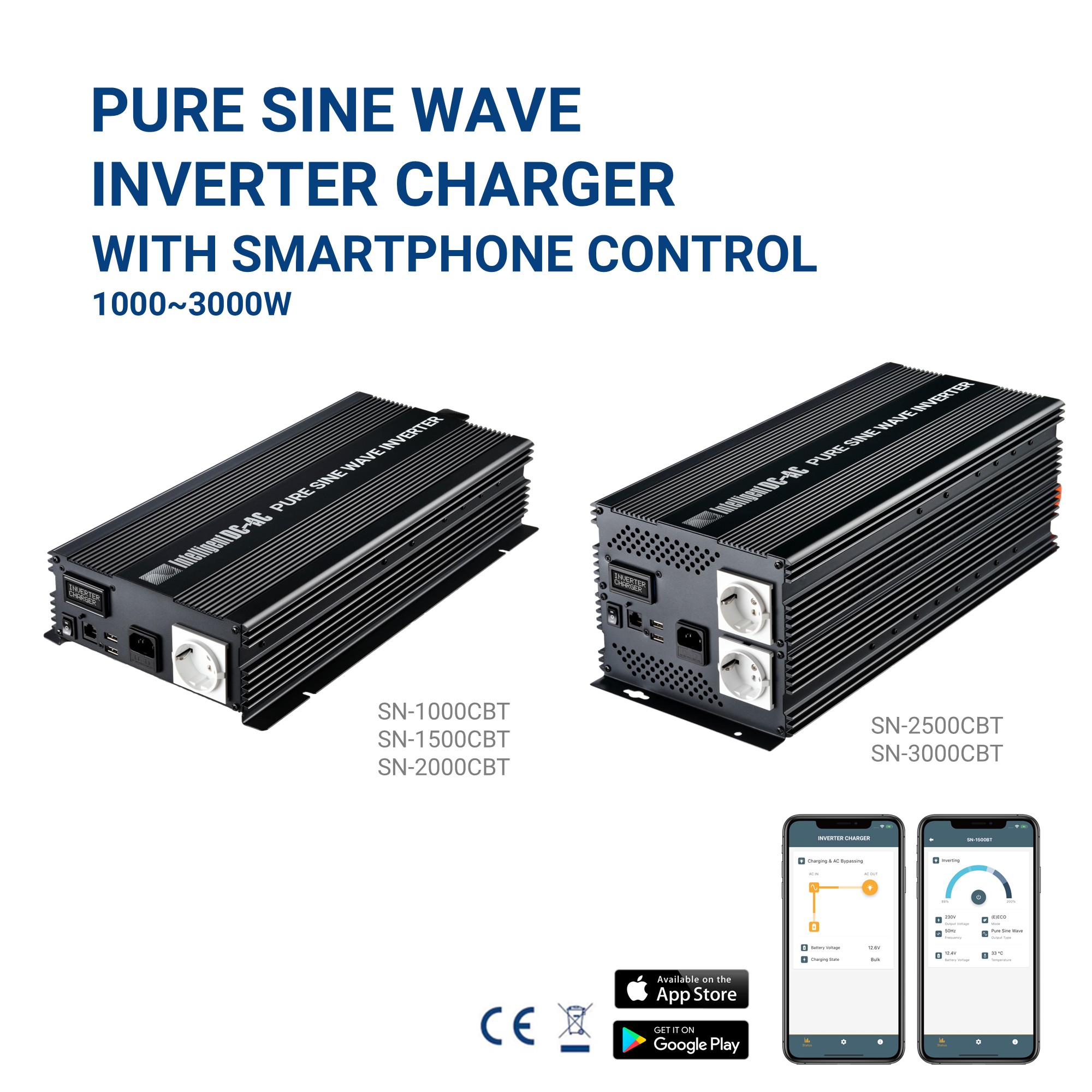Pure Sine Wave Power Inverter & Charger w/ Smartphone App Control 1000~3000W