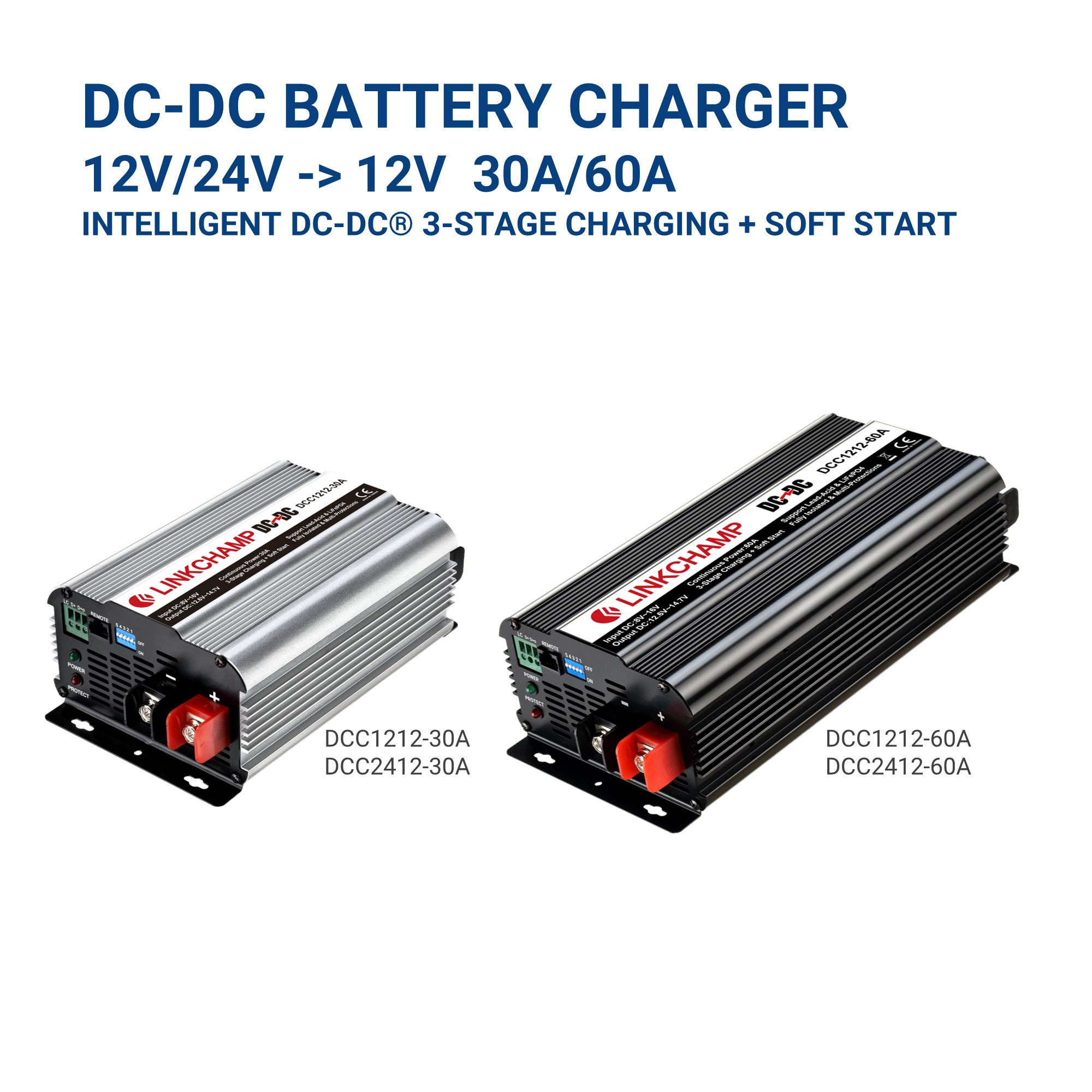 DC to DC Battery Charger 12V/24V -> 12V 30A/60A for LiFePO4 & Lead-Acid