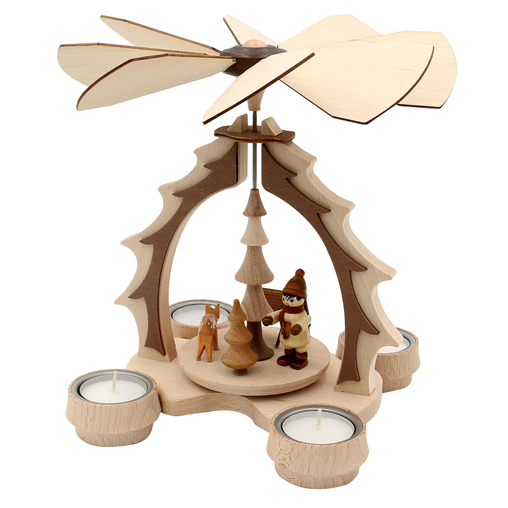 Wooden table pyramid "Hunter and Deer" natural/brown, decorated, for 4 tea lights