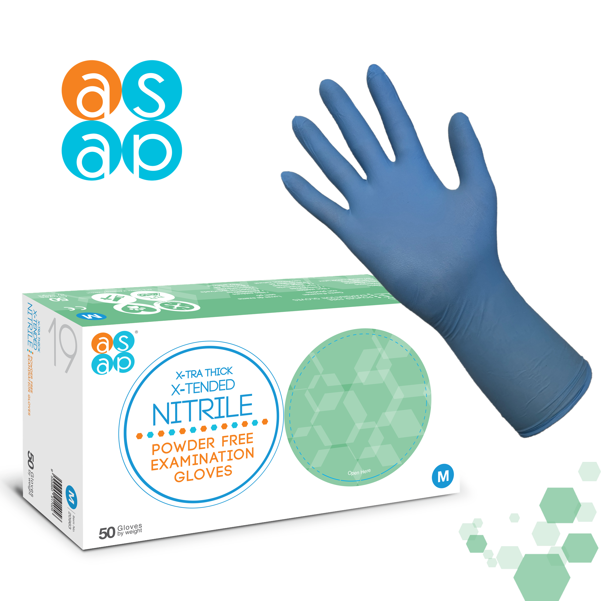 ASAP X-Tra Thick X-Tended Blue Nitrile Powder Free Examination Gloves